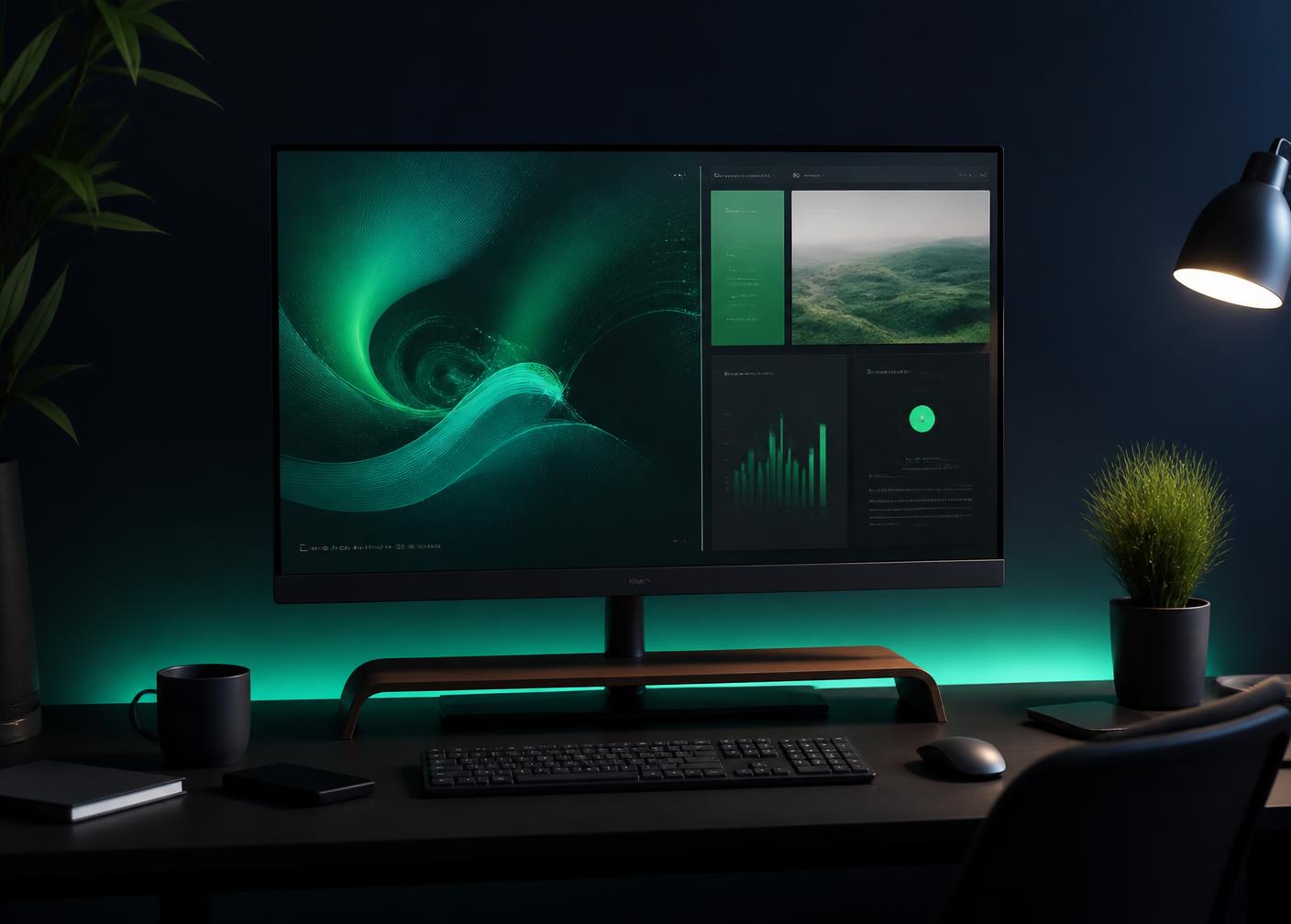 Designer workstation in a dark studio showing a website and dashboard interface