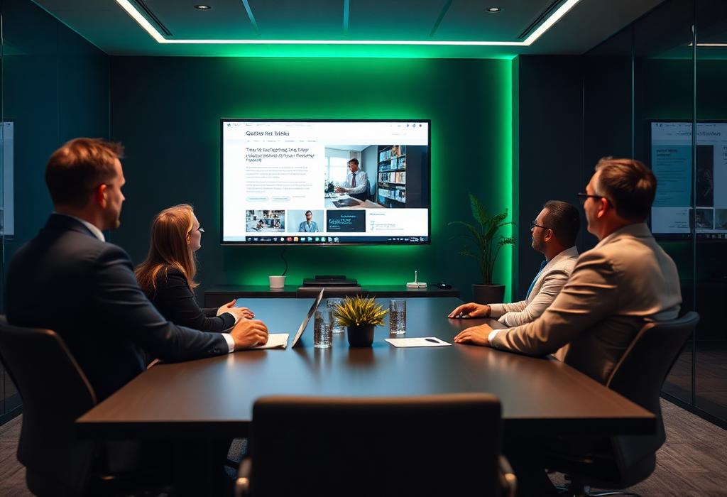 Professional services team reviewing their new website in a boardroom