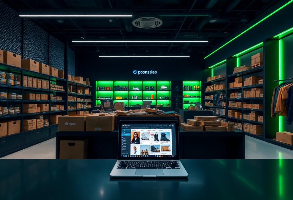 Retail store fulfilment area with an online storefront open on a laptop